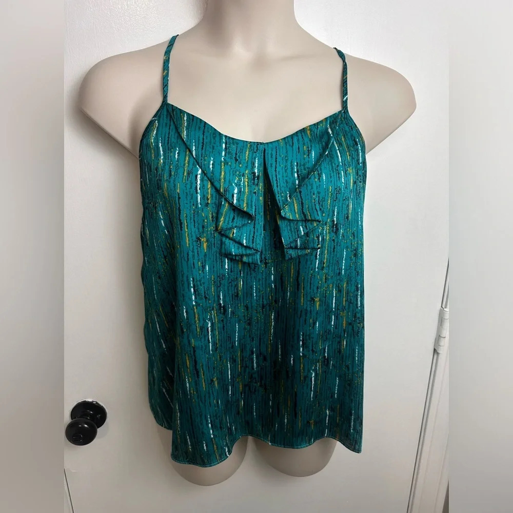 Apostrophe Green Ruffled Tank Top Large Petite Spaghetti Strap Lightweight 1221